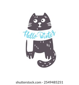 Vector illustration with black cat and winter calligraphy. Holiday banner, postcard with lettering hello winter.