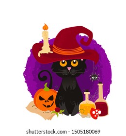 Vector illustration of a black cat in witches hat surrounded by pampkin, vails with potions, spell book, spider web, spider on violet background.