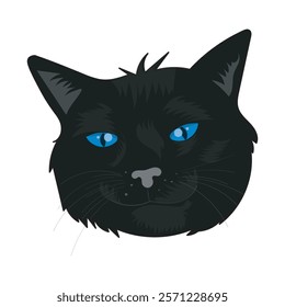 Vector illustration of a black cat's face with striking blue eyes, isolated on a white background