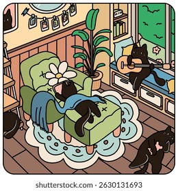 [Vector] Illustration of black cats living in a cozy house together. One cat is playing a guitar. Another cat is lying down on the sofa. Other cats are lying down on the floor,shelf.