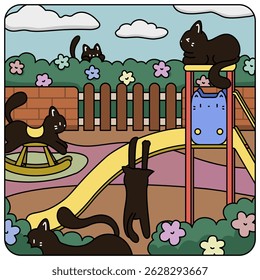 [Vector] Illustration of black cats playing in cat-theme playground