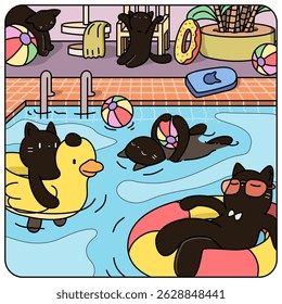 [Vector] Illustration of black cats playing in swimming pool. Chill, lazy and relax.