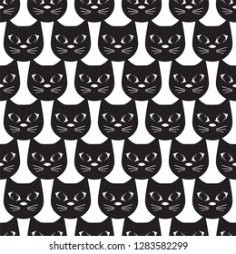 The vector illustration is a lot of black cats. Seamless pattern a background from nice attractive faces of animal black cats. Flat design. Monochrome.