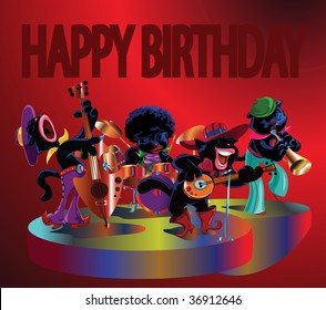 vector illustration, black cats singing happy birthday, banner concept