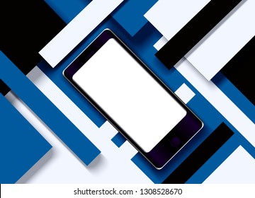 Vector illustration of a black cell phone with a white empty screen on an abstract geometric background of colored paper.