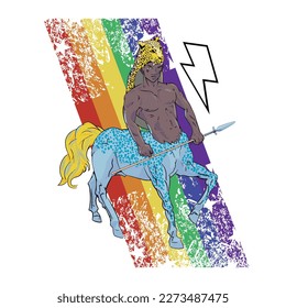 vector illustration of a black centaur with thunder and rainbow symbol. Design for t-shirts about gay pride