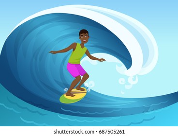 Vector illustration of black cheerful man riding surfboard in ocean waves.