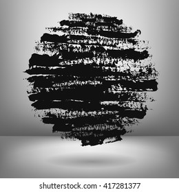 Vector illustration of black circle painted by dry brush. Hand drawn symbol. Grey background. Soft shadow, Textured element. Horizontal strokes. Black lines.