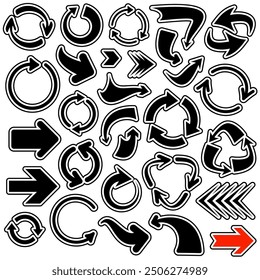 Vector illustration of black circular and directional arrows with bold white outlines, featuring a mix of styles and rotations.