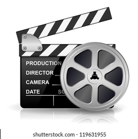 Vector illustration of black clapper board for film, movie and cinema production isolated on white background with reflection effect