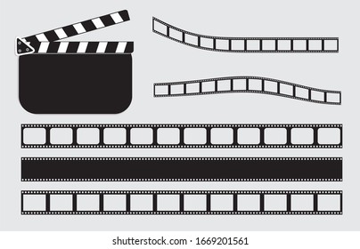 Vector illustration. Black clapper board and  film strips.