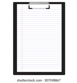 Vector illustration of black clipboard with white blank paper.  Clipboard icon. Lined paper. Notebook paper
