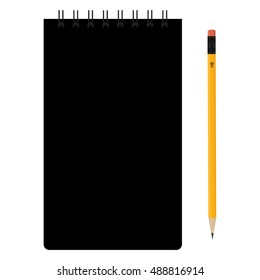 Vector illustration black closed spiral notepad and pencil. 