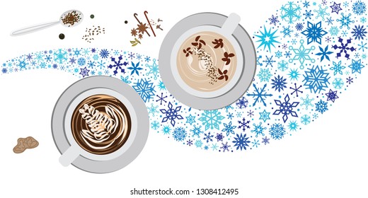 vector illustration for black coffee or latte with snowflakes for cold brew concept