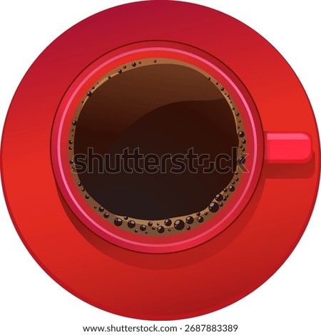 Vector illustration of black coffee in red cup, top-down view, bold colors, clean lines