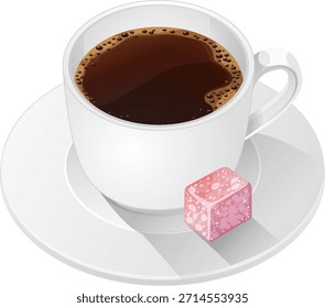 Vector illustration of black coffee in white cup with pink sugar cube on saucer