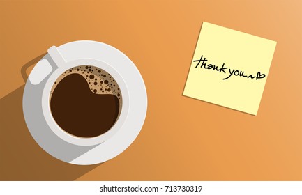 Vector illustration of black coffee in a white cup top view. on yellow background and Thank you Text on yellow paper.