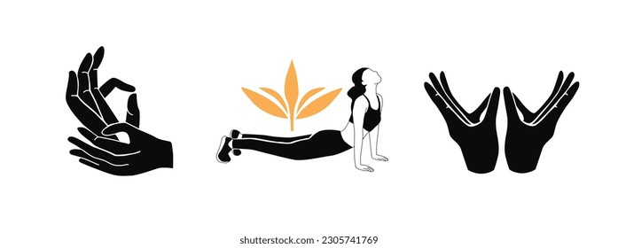 Vector illustration in black color with hands, a Buddhist sign, a woman in a pose. Yoga. Silhouette on a white background.
