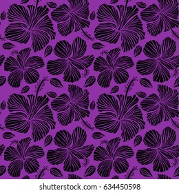 Vector illustration in black color on a violet background. Seamless tropical flower, hibiscus pattern.
