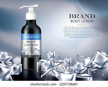 vector illustration black color realistic cosmetic lotion bottle and ice cubes design template on the dark blue  background,use for cosmetic advertising template.