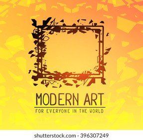 Vector illustration of black color rectangular frame in modern style with abstract pieces and text on yellow gradient background. Art design for web, site,  poster, brochure, board, card, paper print.