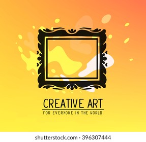 Vector illustration of black color rectangular frame in modern style with spots and text on yellow gradient background. Art design for web, site, poster, flyer, brochure, board, card, paper print.