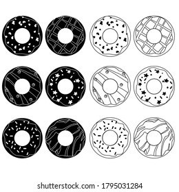 vector illustration in black color, set of donuts, line drawing and silhouette, isolate on white background, template