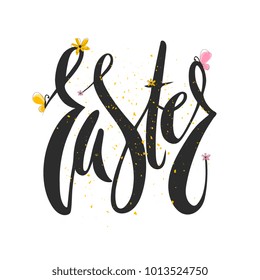 Vector illustration of black colored Easter word with butterflies and flowers. 