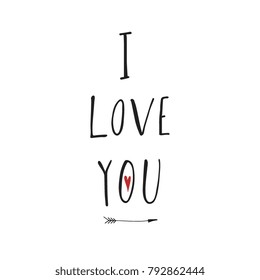 Vector illustration of black colored I love you words with arrow and red heart on white background. 