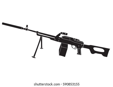 The vector illustration of a black colored machine gun on the white background.