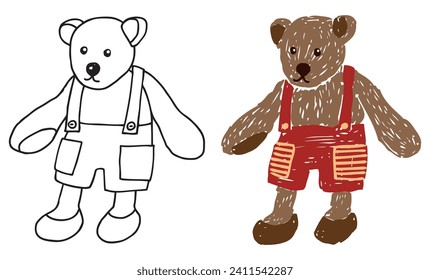 Ilustración vectorial del contorno negro y del dibujo de la silueta colorida juguete vintage osito de peluche en pantalones cortos rojos aislados en blanco