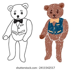 Vector illustration of black contour and colorful silhouette drawing vintage toy plush teddy bear in blue vest isolated on white