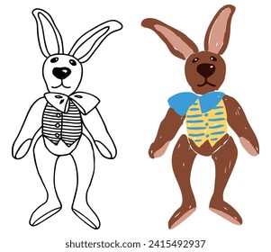 Vector illustration of black contour and colorful silhouette drawing vintage toy plush rabbit in yellow vest isolated on white