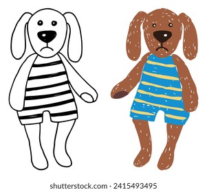 Vector illustration of black contour and colorful silhouette drawing vintage toy plush dog isolated on white