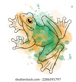 Vector illustration of black contour frog on watercolor spots background.