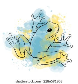 Vector illustration of black contour frog on watercolor spots background.