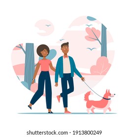 Vector Illustration. Black Couple Walking Dog On Leash In The Park