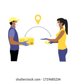 Vector Illustration Of Black Courier In Protective Gloves And Mask With Package And Black Woman Reaching Out Hand To Get Box And Money In Other Hand.  Delivering Parcel Concept. Online Shopping Order