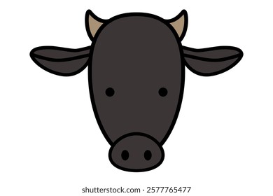 Vector illustration of a black cow. Icon depicting a black cow's face from the front in cartoon style.