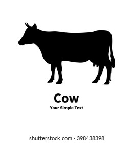 Vector illustration of black cow silhouette with horns. Picture, drawing isolated on white background. Cow is a side view, profile. Agriculture, farm animals and livestock. Sign, icon, logo cattle.