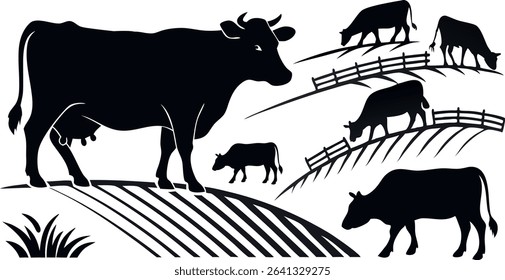 A vector illustration of black cow silhouettes grazing on farmland hills with fences. Perfect for farm themes.
Black and white cow silhouettes grazing on farmland hills. Ideal for agricultural designs