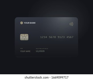 Vector illustration of black credit card mock up isolated on black background.