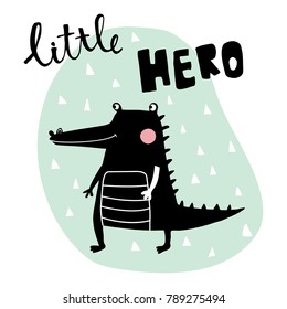 vector illustration, black crocodile on a blue background, little hero hand lettering text