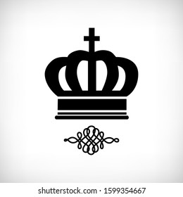 Vector illustration. Black crown icon on the vignette background. Isolated image of crown.