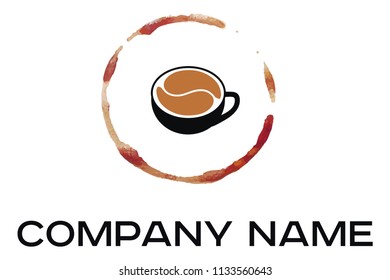 Vector illustration of black cup of coffee and brown spot from beverage around 