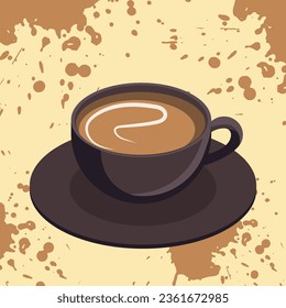 Vector illustration, black cup of coffee on a background with splashes and stains.
