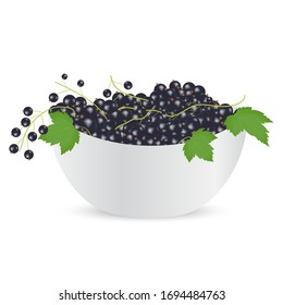 Imagen vectorial de la corriente negra con hojas verdes en un bol sobre un fondo blanco. Rendimiento realista. Plantilla para su diseño.