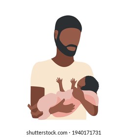 Vector Illustration Of A Black Dad Gently And Caringly Hugging His Little Child On A White Background. Father's Day, Loving Parents, Happy Childhood.