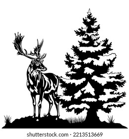 vector illustration of a black deer looking from the side next to a snowy pine or spruce, perfect for a logo, mascot, t-shirt or sticker. eps format