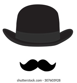 Vector illustration of black derby hat and mustache. Bowler hat. Black fashion gentleman hat